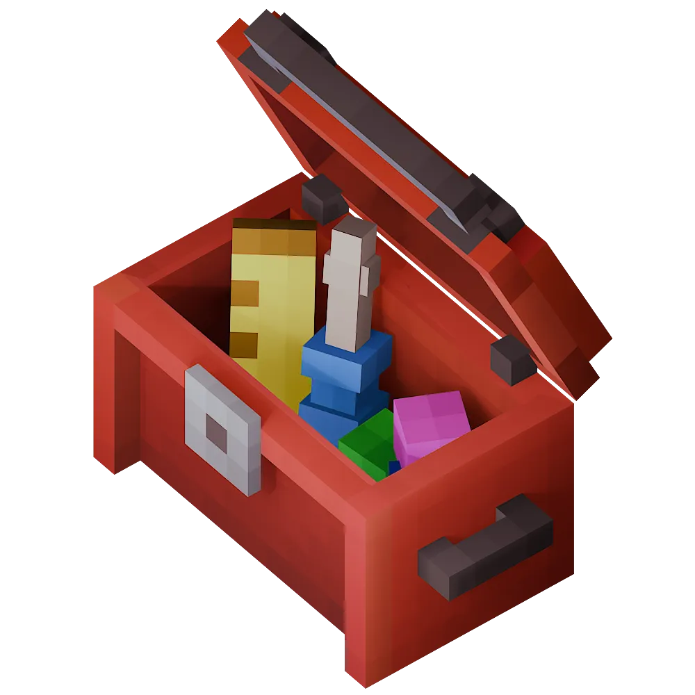 An open red toolbox filled with block-built tools